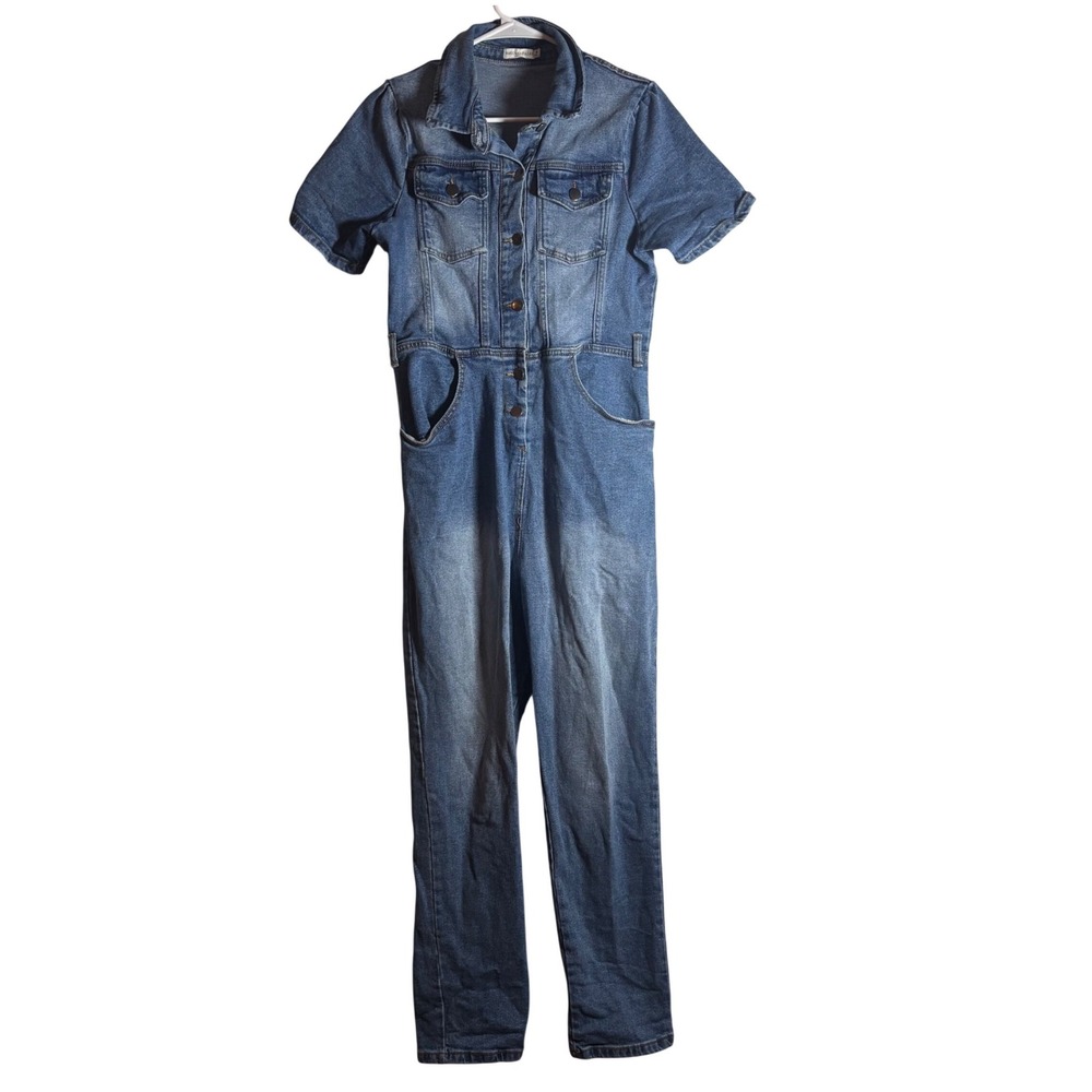 Avec Les Filles Denim Jumpsuit Short Sleeve Button Front Romper Sz 30